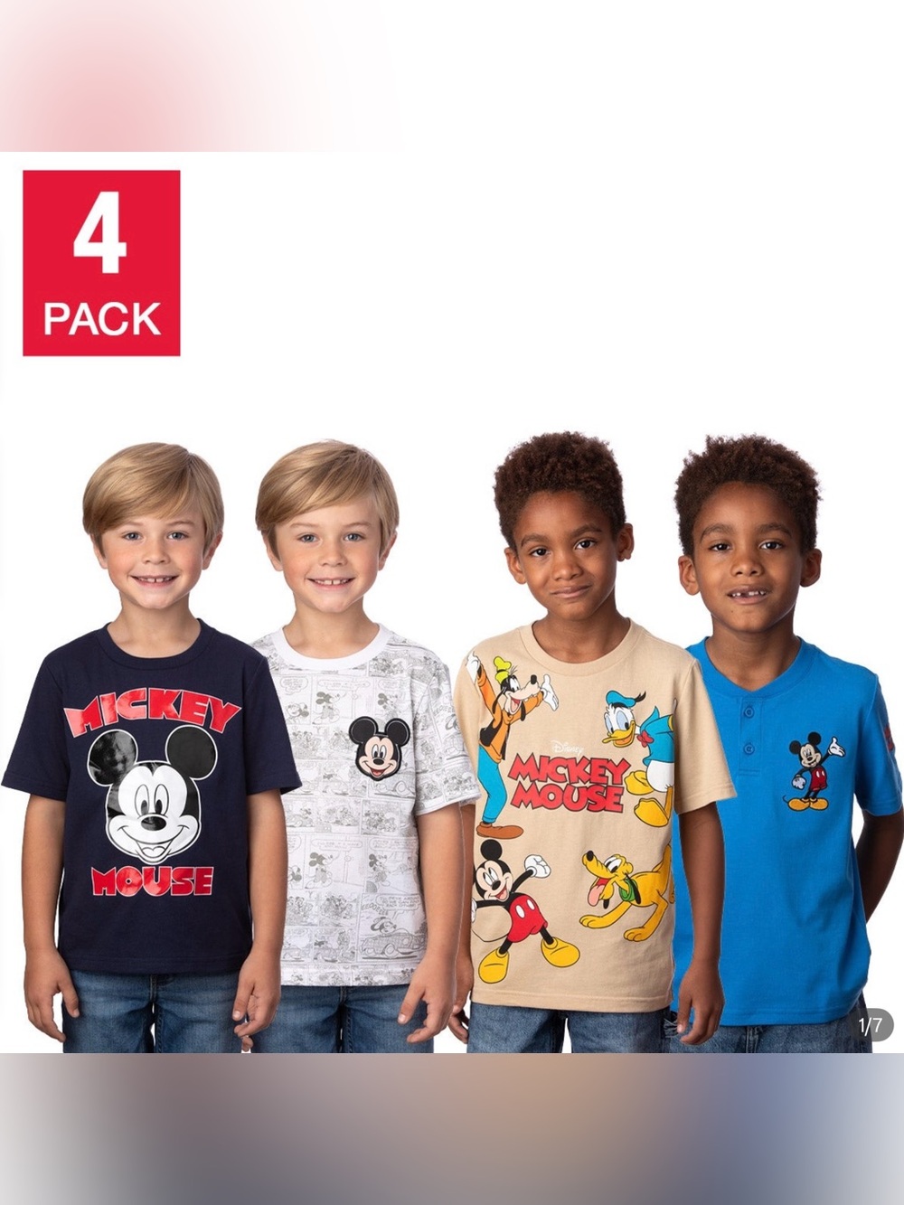 Disney Mickey Mouse 4-Pack Short Sleeve Tees in Navy, White, Tan, and Blue